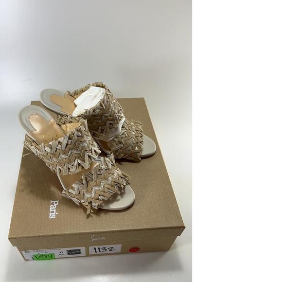 Meroine 85mm raffia Tan Woven fringe heels mules D984 - Picture 2 of 11